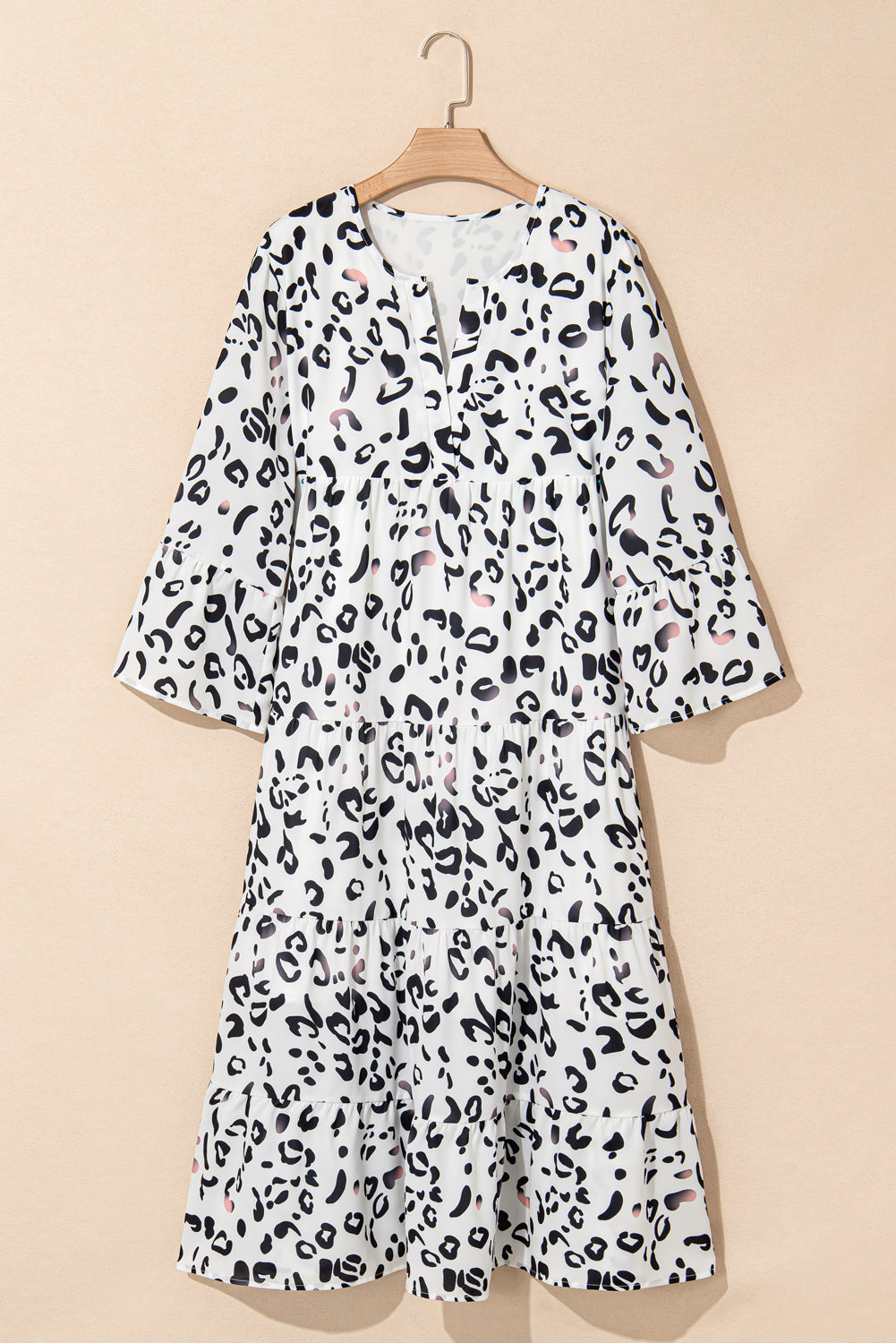 White Leopard Notch V Neck Loose Maxi Dress
