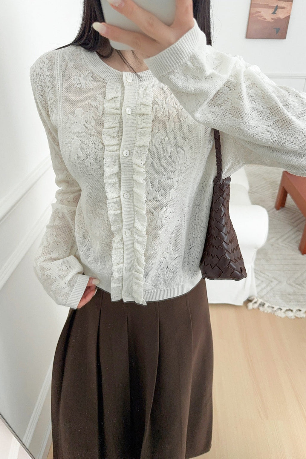 Gentle Stand-Collar Lace Cutout Cardigan