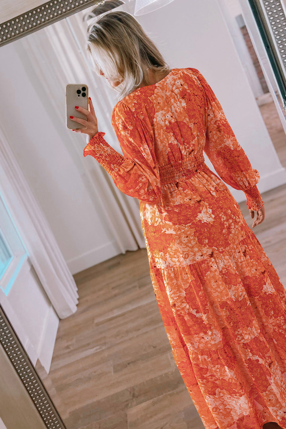 Orange Boho Floral Bishop Sleeve Tiered Maxi Dress