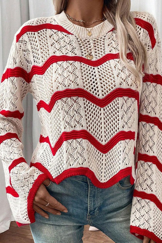 Simple Wave Knit Bell Sleeve Sweater
