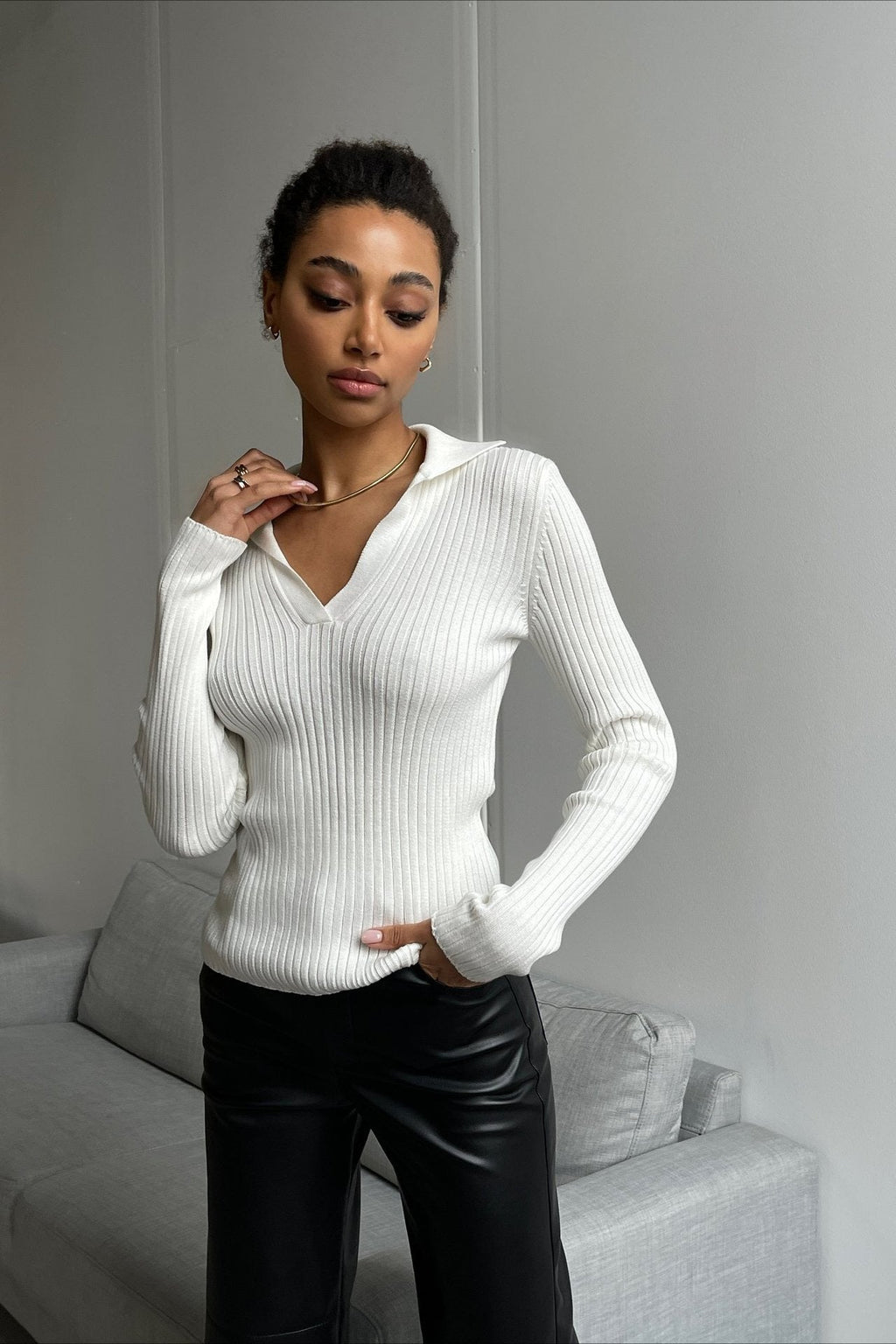 Graceful Polo Neck Knit Sweater