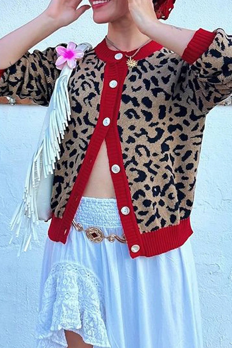 Casual Relaxed O-Neck Leopard Cardigan