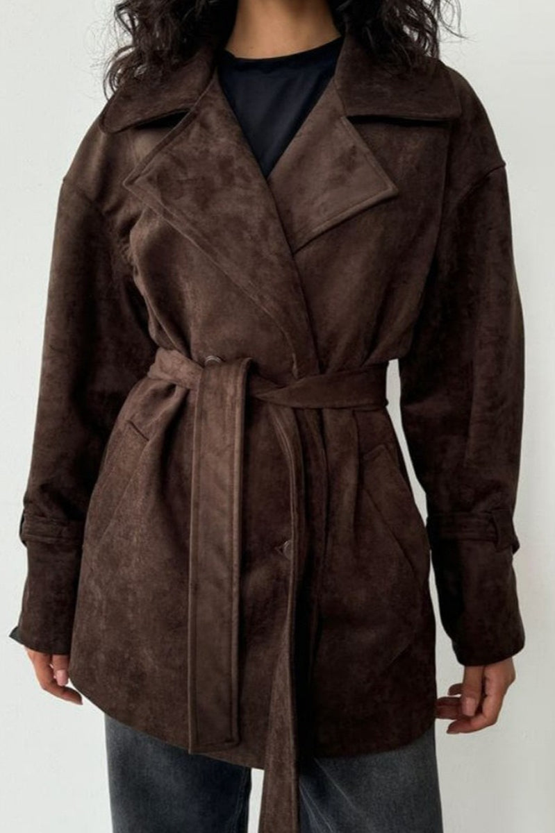 Retro Suede Lapel Tie Waist Jacket Coat