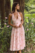 Holiday Pink Flower Halter Floral Dress
