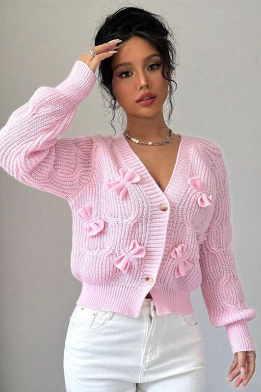 Solid Bow-Tie Long-Sleeve Knit Cardigan