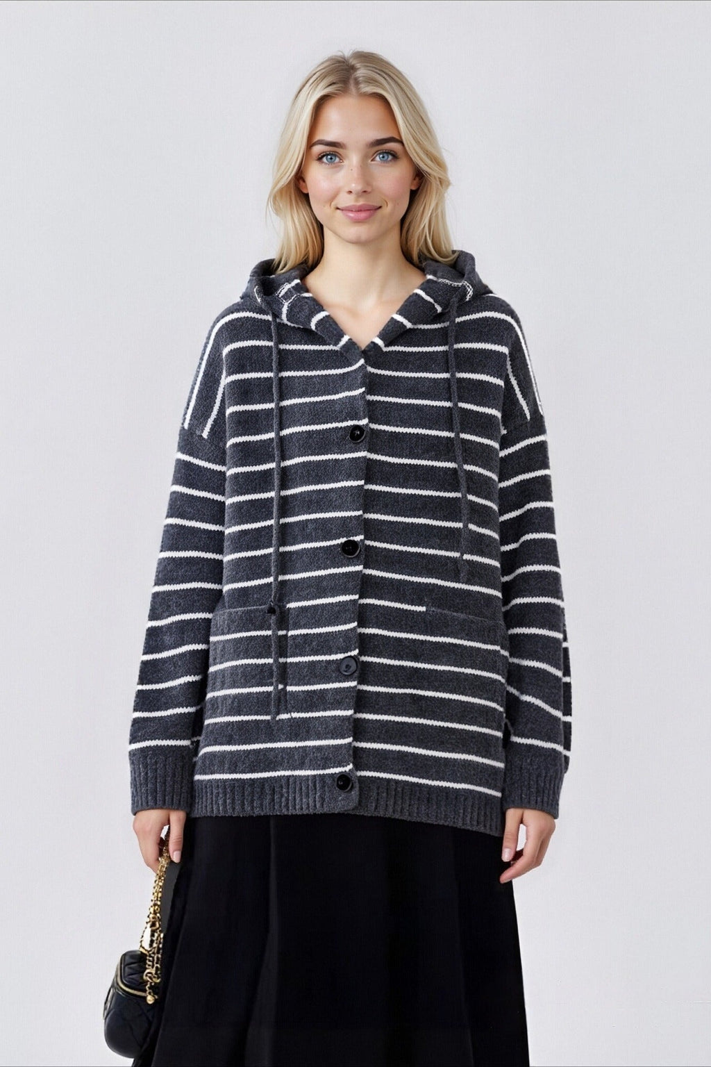 Striped Hooded Retro Drawstring Pocket Cardigan