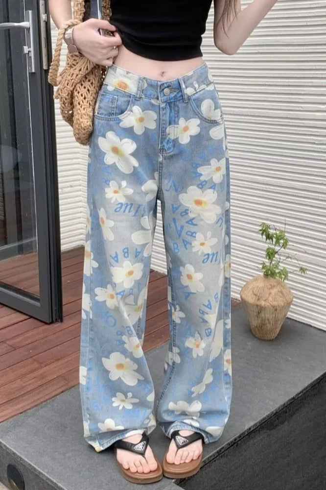 Washed Floral Print Baggy Jean