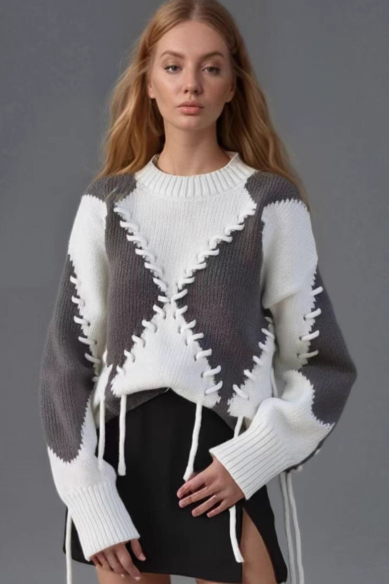 Rope Tie Patchwork Knit Sweater