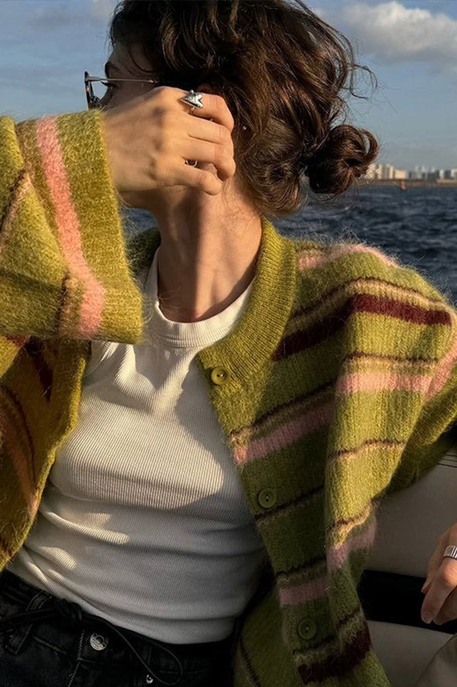 Striped Colorblock Loose Knit Cardigan