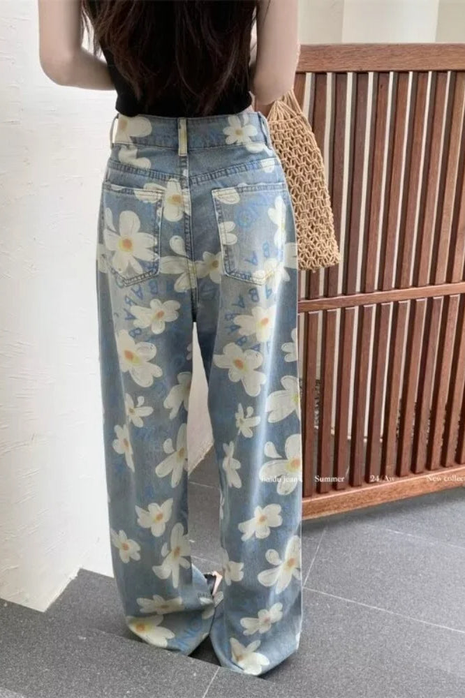 Washed Floral Print Baggy Jean