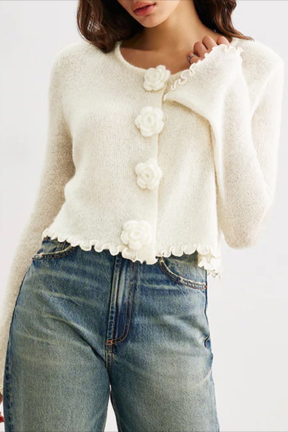 Slim Floral Ruffle Knit Cardigan