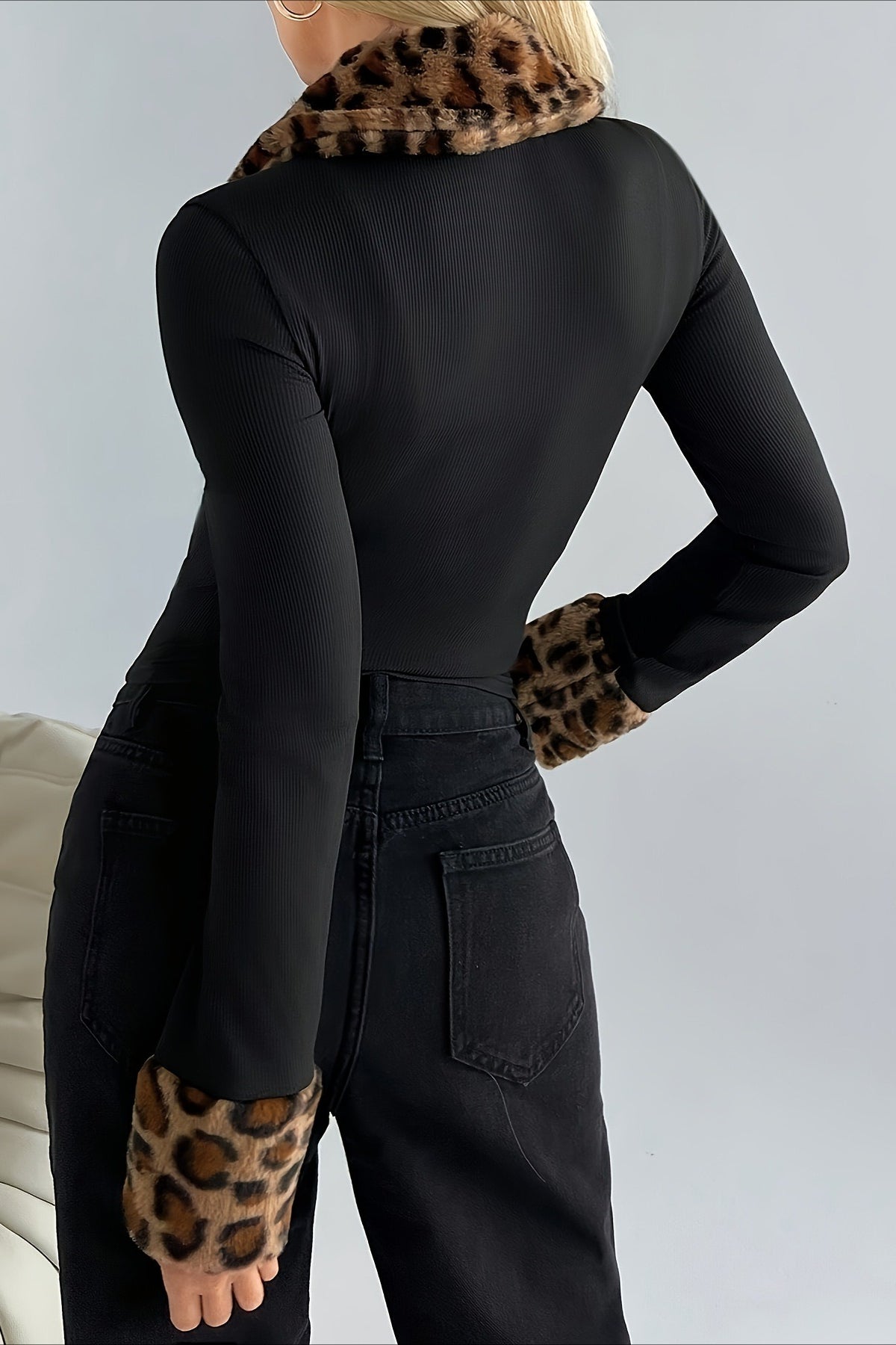 Fur Collar Leopard Print Double Zipper Coat