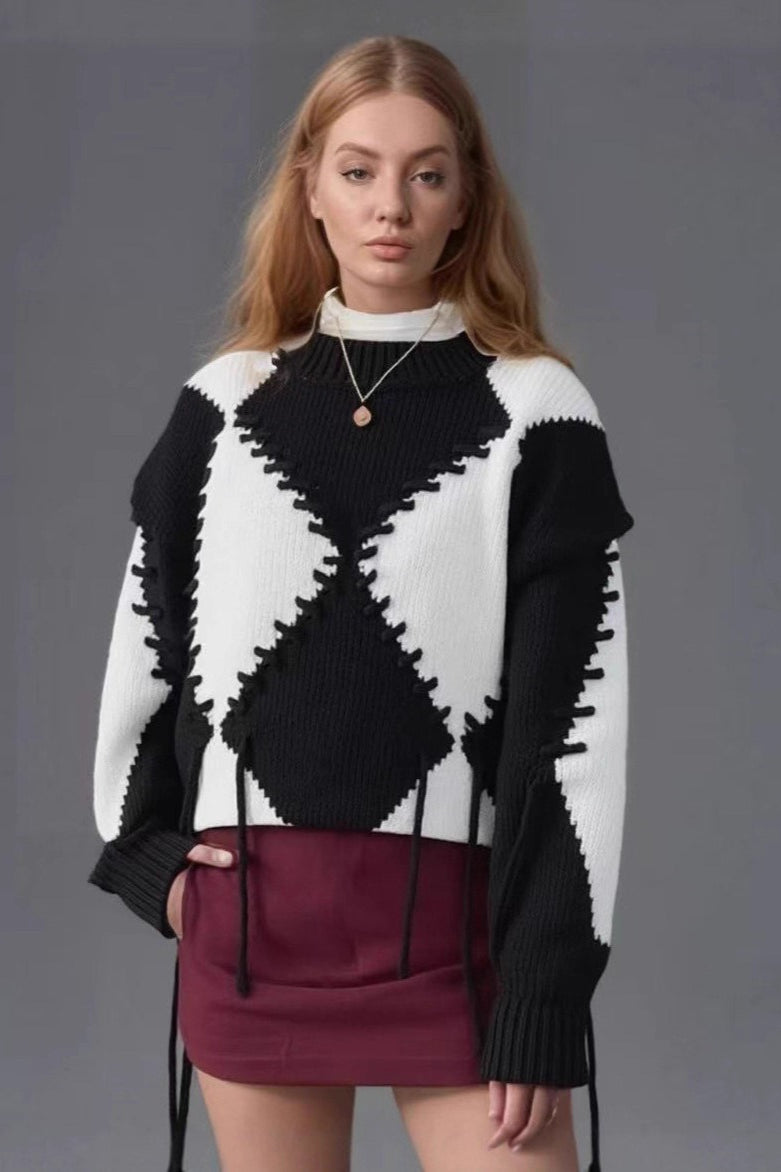 Rope Tie Patchwork Knit Sweater