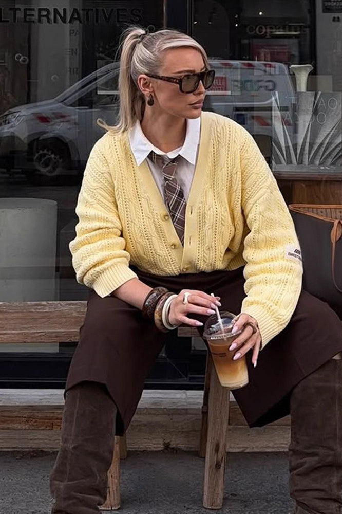 V-Neck Solid Button Long-Sleeve Cardigan