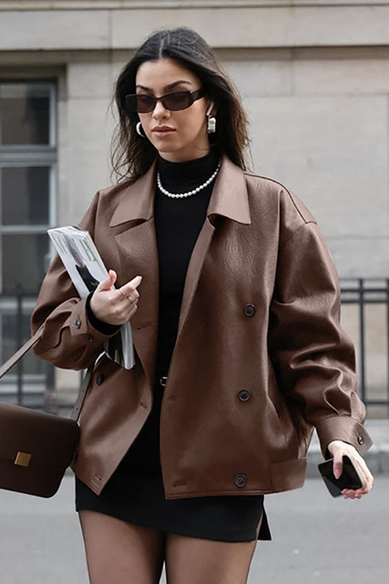 Retro Brown Leather Blazer Coat