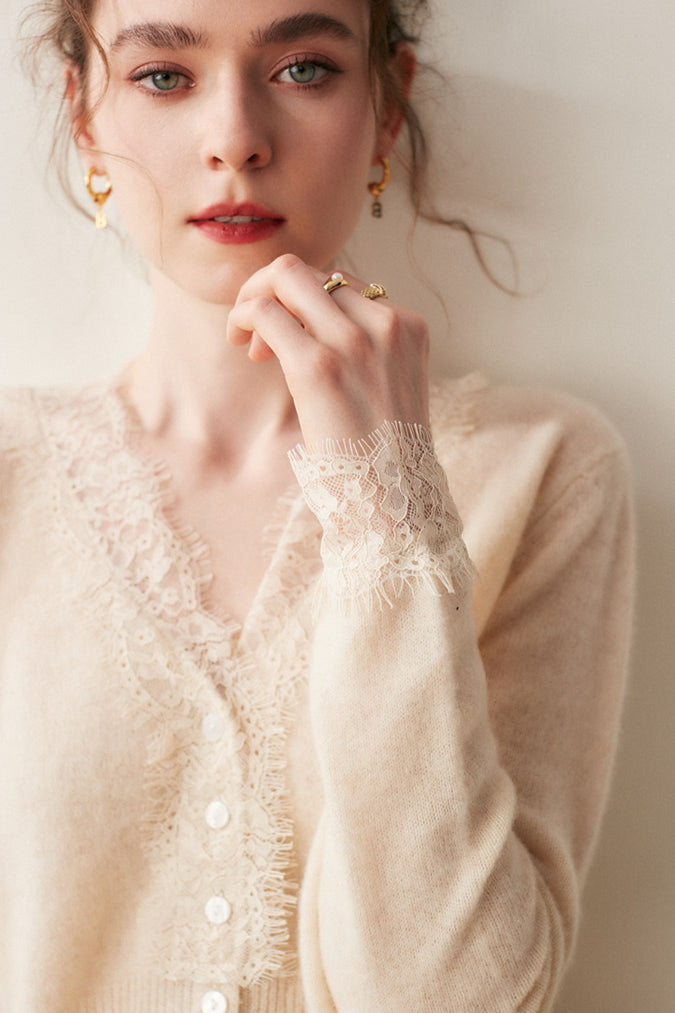 Cashmere Lace-Edge V-Neck Knit Cardigan