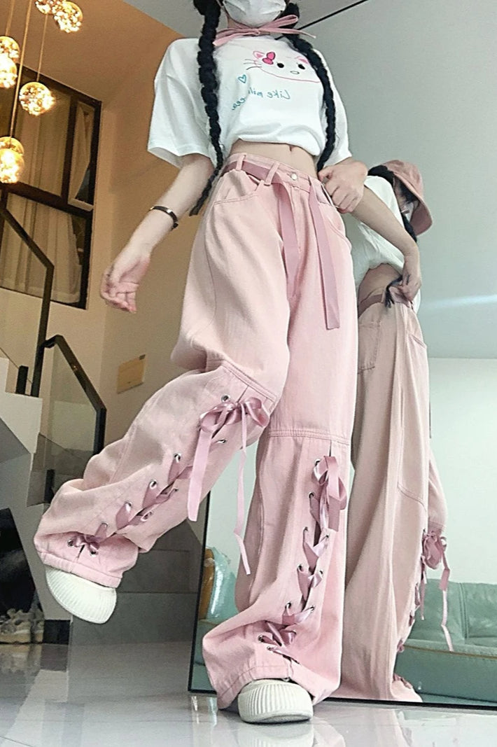 Pink Bow Tie Wide Leg Cargo Jean