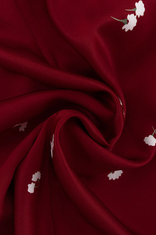 Satin Ruffled V Neck Cinched Waist Floral Dress