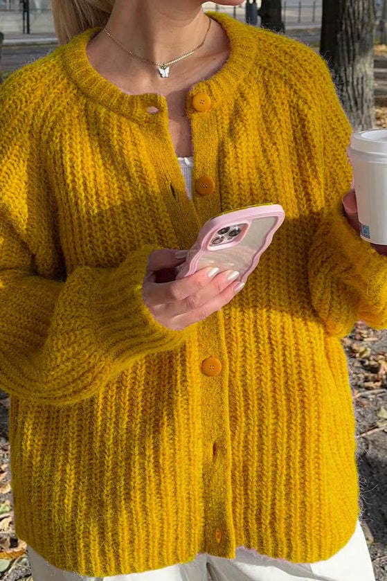 Plain Knit Crew Neck Long Sleeve Cardigan