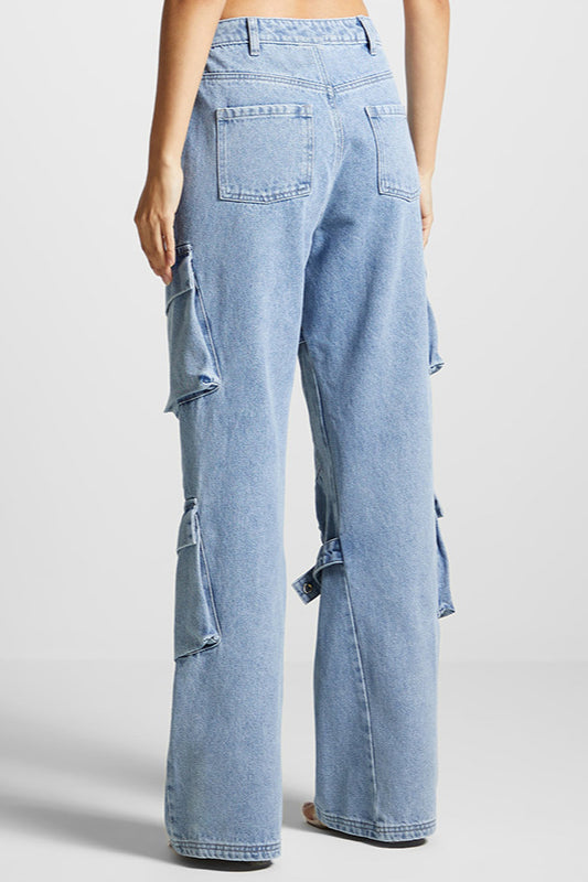 Retro High Waist Pocket Straight Pant