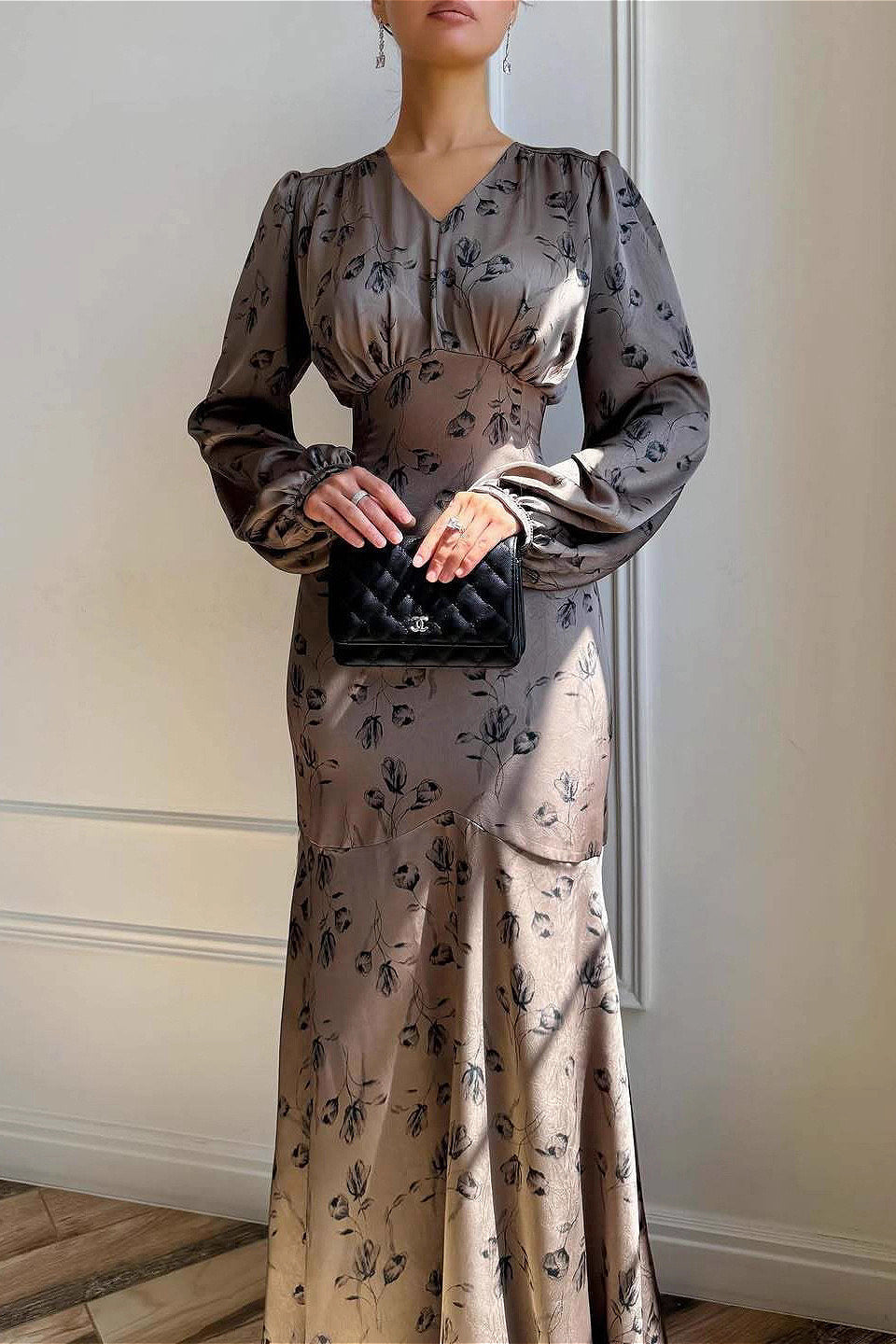 Graceful Satin High Waist Floral Dress