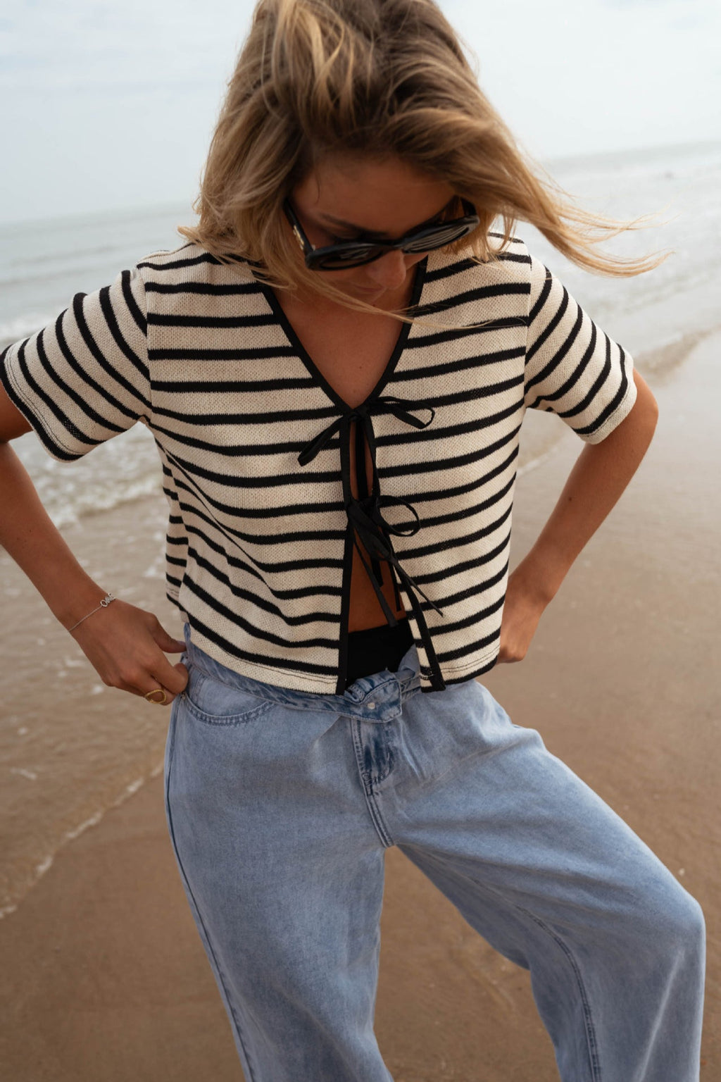 Striped Front-Tie Knit Short Sleeve Cardigan