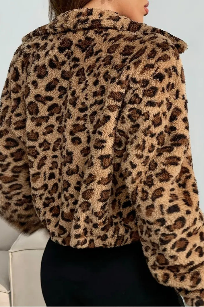 Chic Leopard Print Hooded Zip-Up Coat