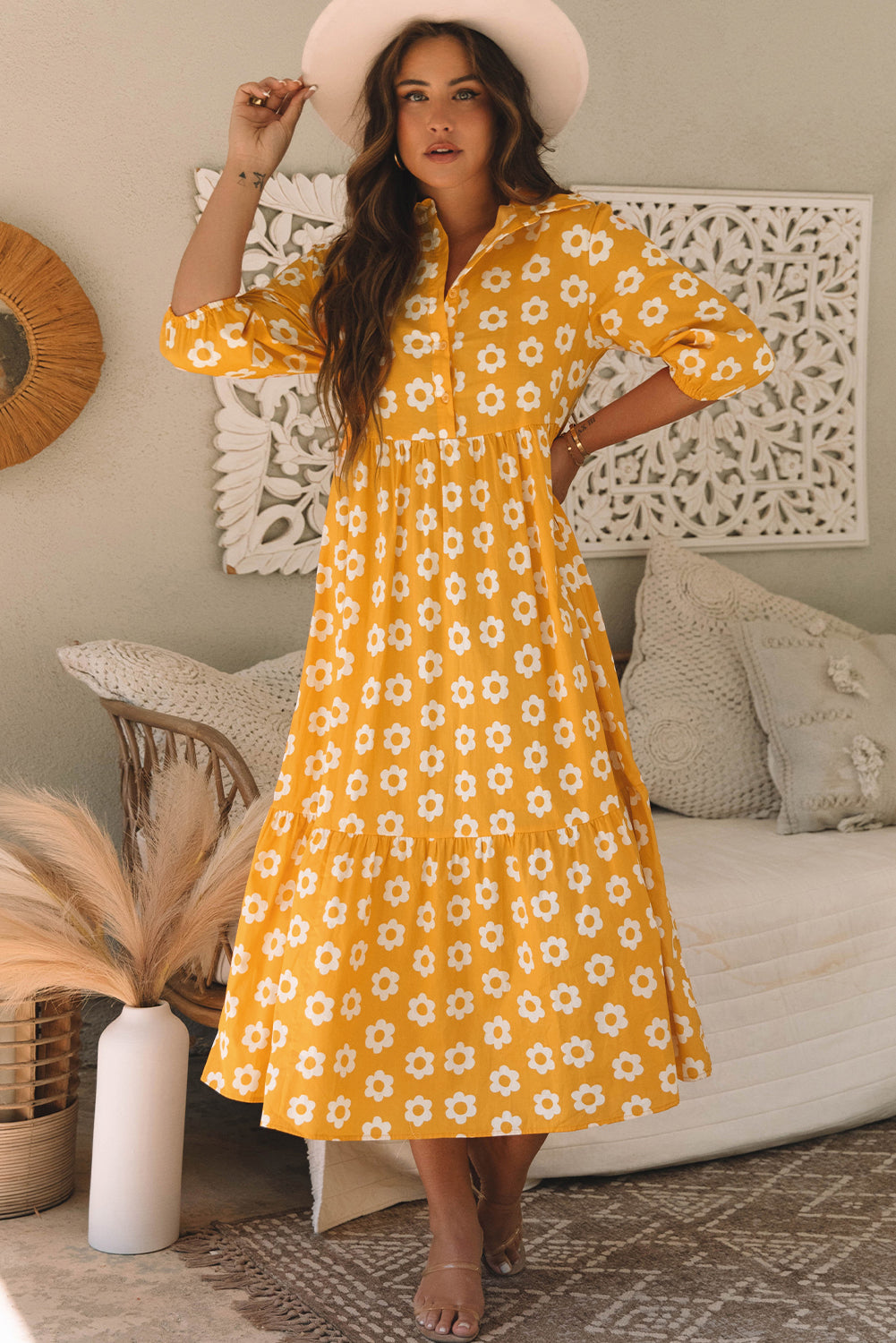 Yellow Flower Print Bracelet Sleeve Collared Maxi Dress