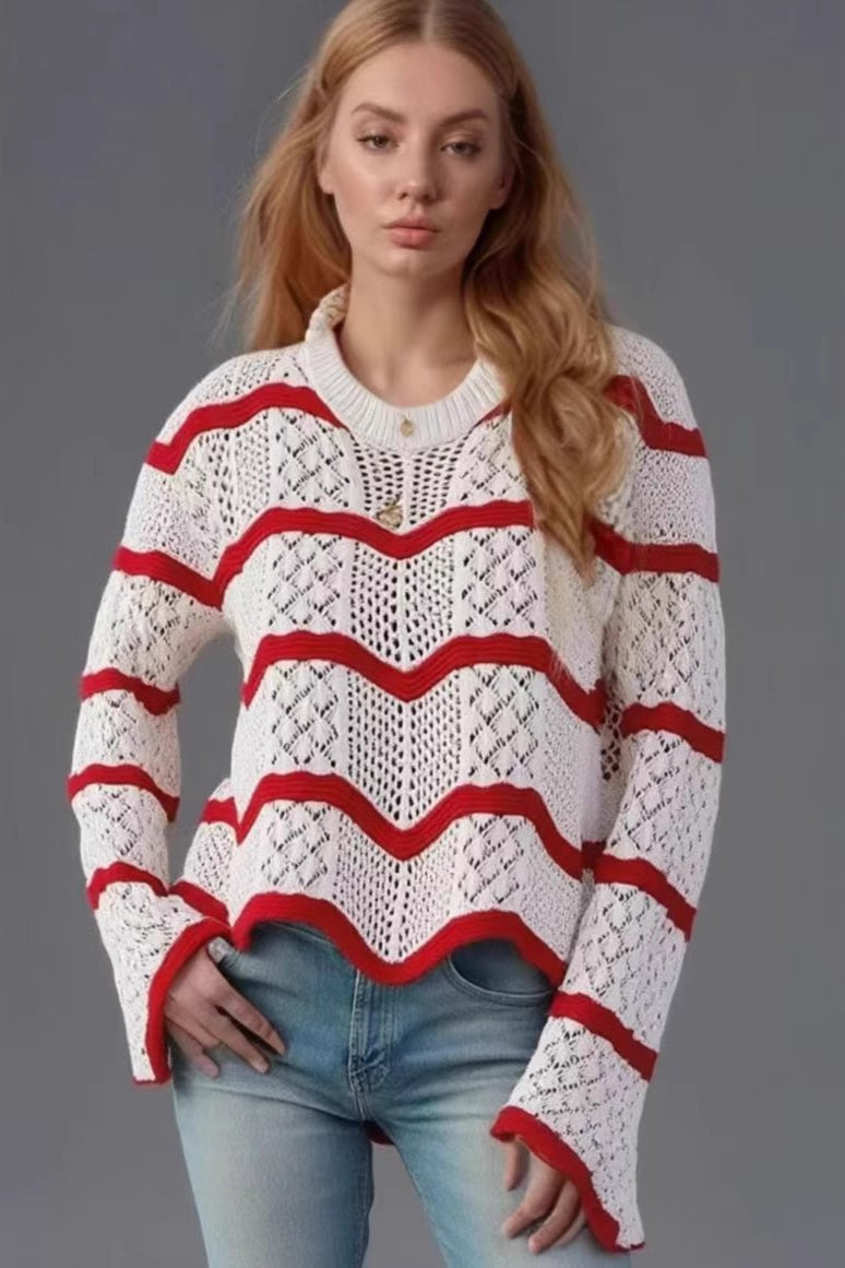 Simple Wave Knit Bell Sleeve Sweater