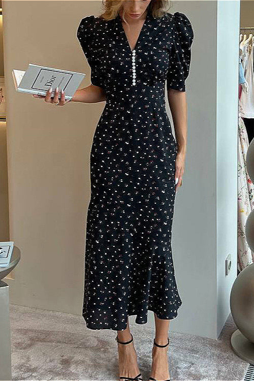 V Neck Ruffled Short Sleeve Floral Dress
