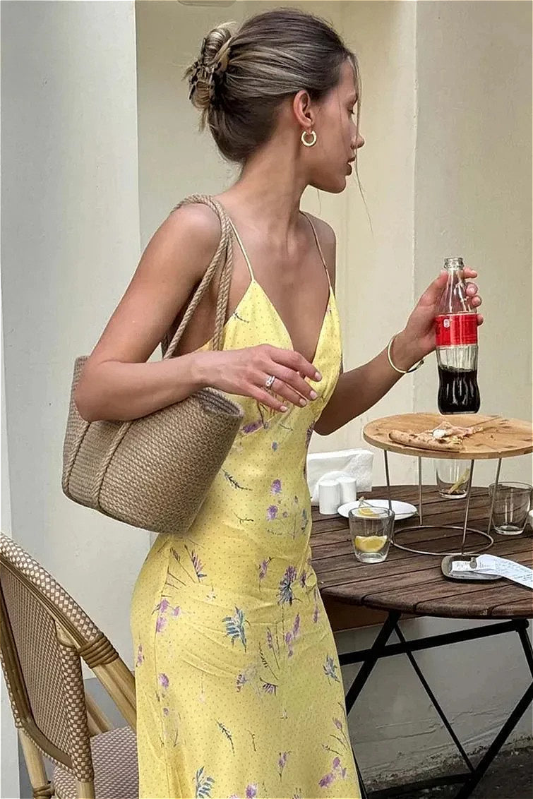 Casual Yellow Print Strap Floral Dress