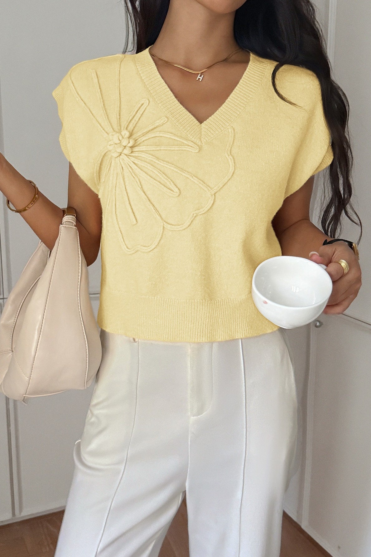 Deep V Short Sleeve Solid Sweater
