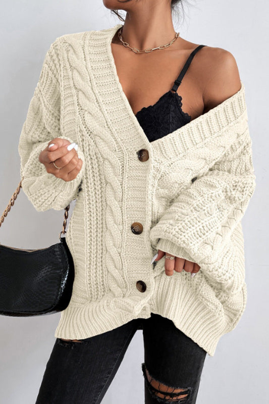 V-Neck Retro Cable Knit Puff Sleeve Cardigan
