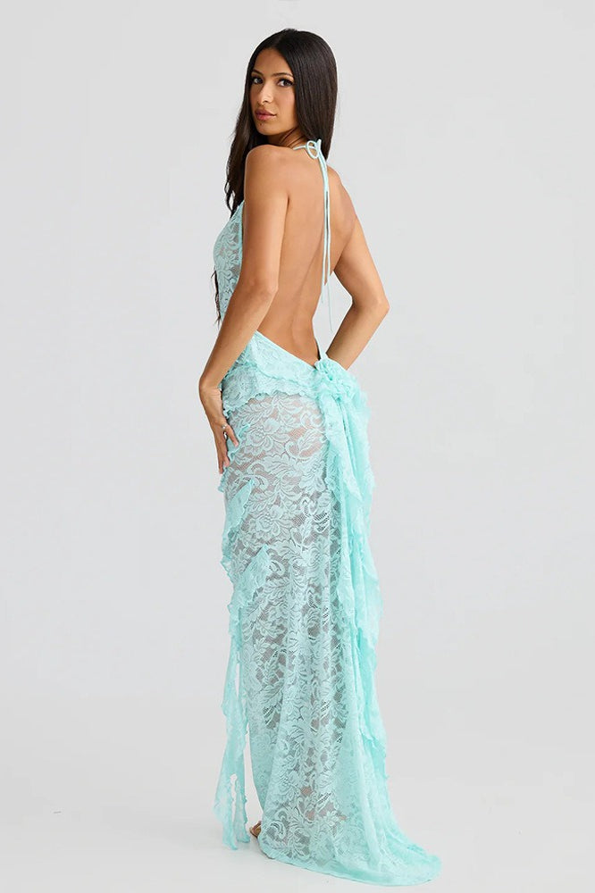 Lace Halter Open Back Maxi Dress