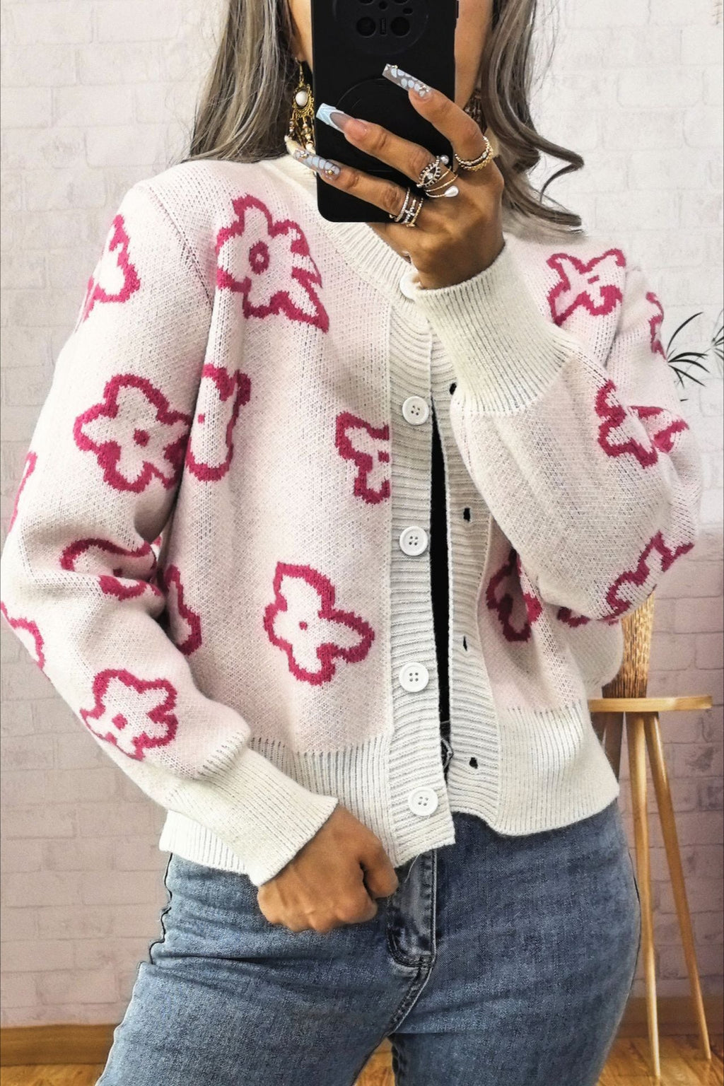 Floral Jacquard Short Button Knit Cardigan