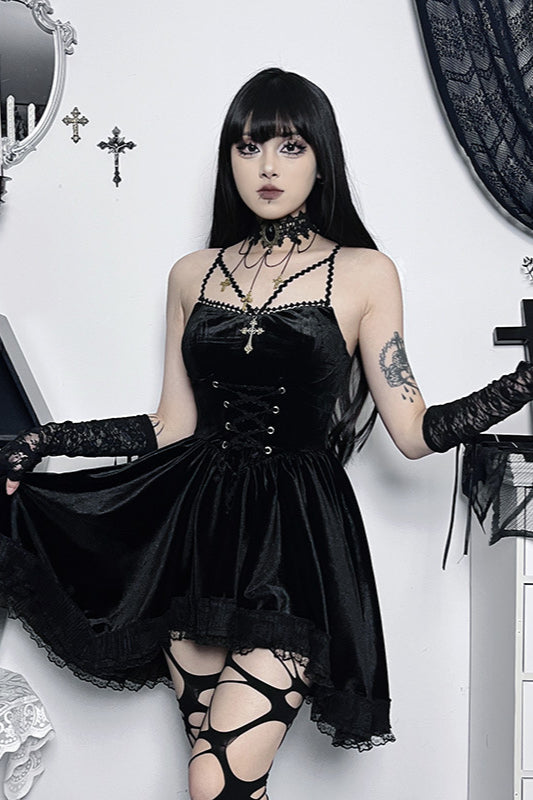 Velvet Tie Waist Gothic Dress