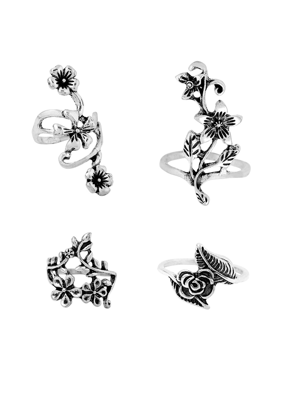 Oxidised Silver Four Piece Leaf Floral Ring