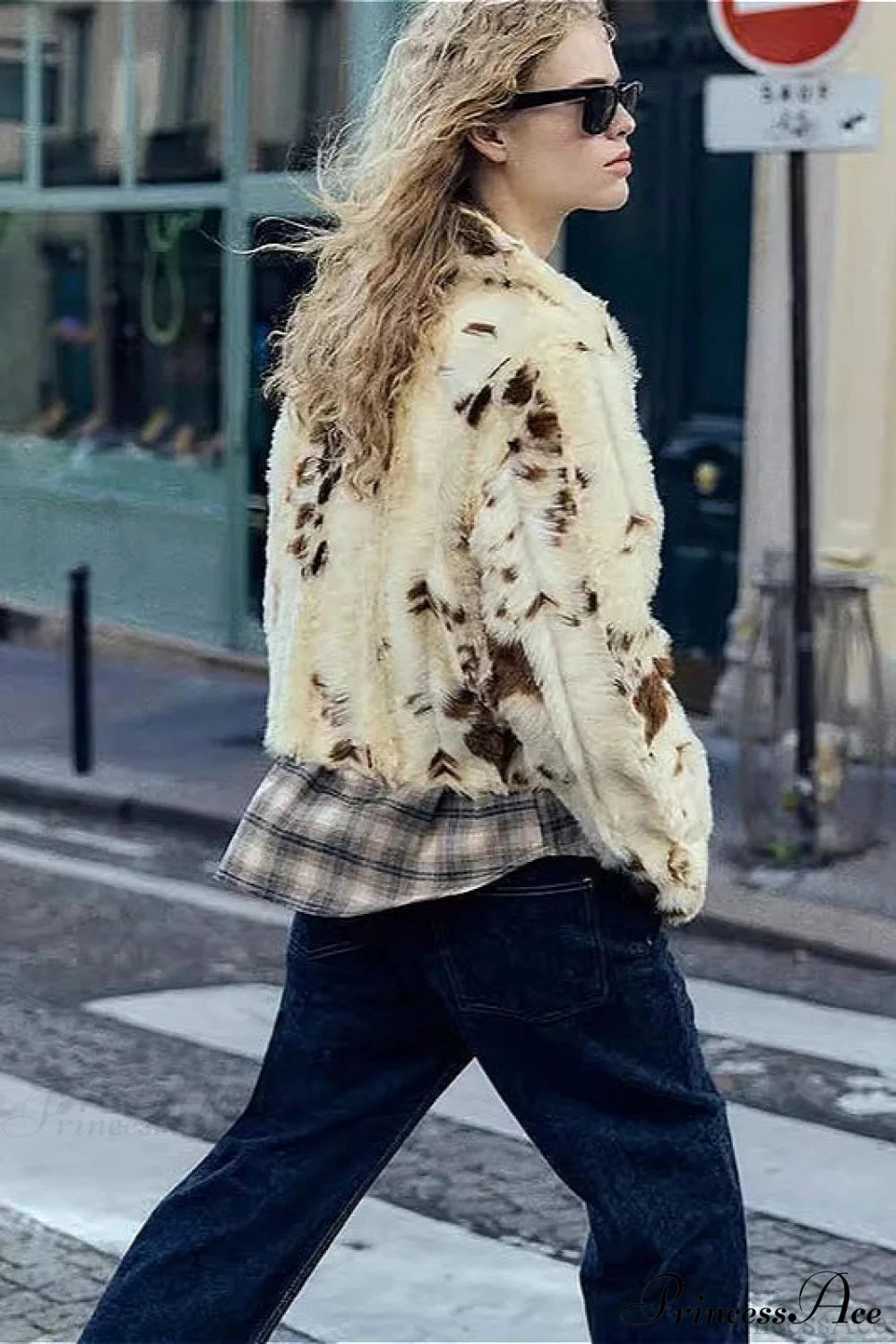 Collared Printed Faux Fur Mini Coat