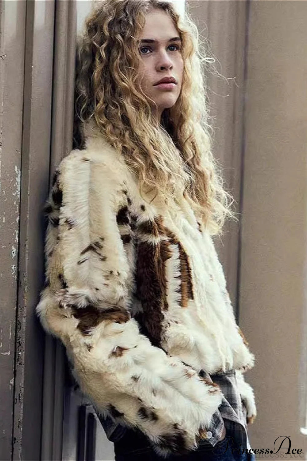Collared Printed Faux Fur Mini Coat