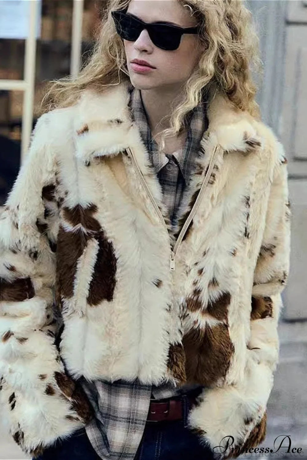 Collared Printed Faux Fur Mini Coat