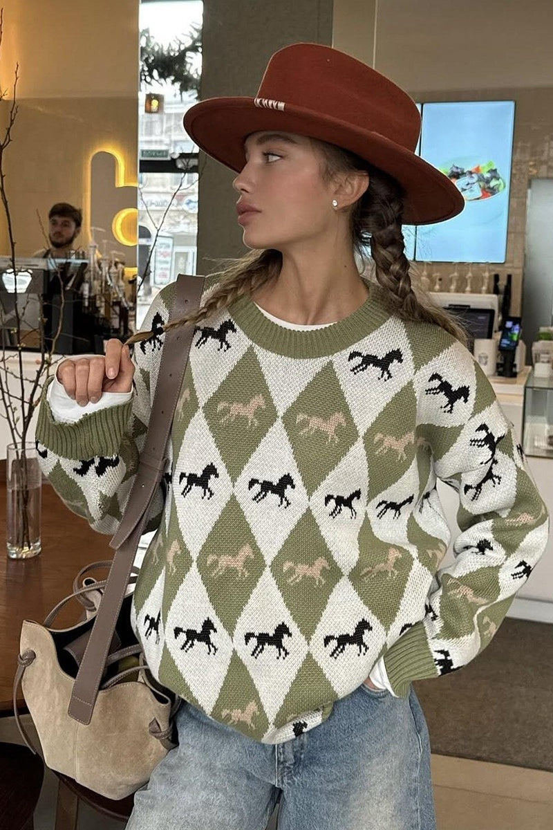 Relaxed Horse Graphic Pullover Sweater