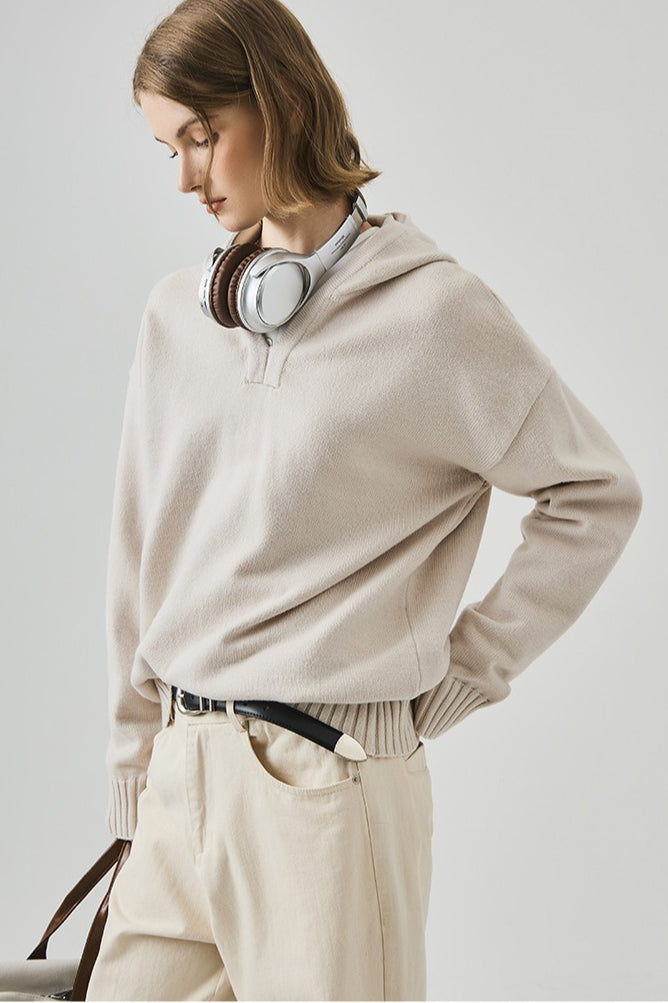 Slouchy V Neck Hooded Sweater