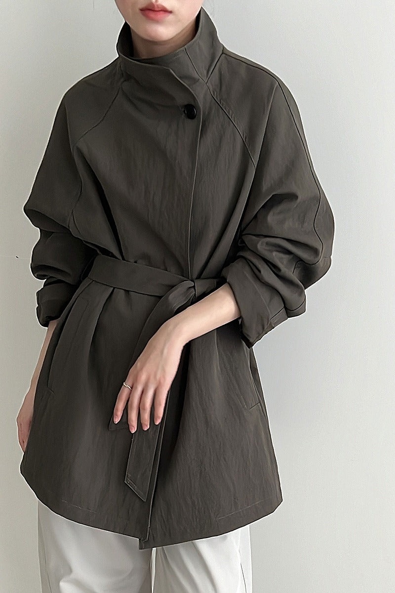 British Style Stand Collar Belted Mid Trench Coat
