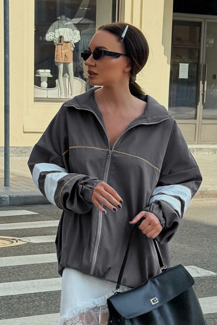 Color Block Loose Designer Mandarin Collar Coat