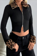 Fur Collar Leopard Print Double Zipper Coat