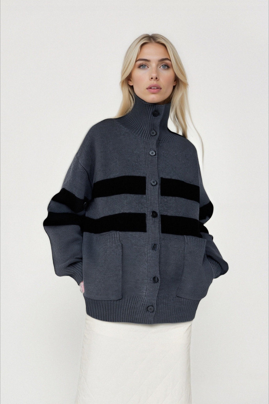 Colorblock Stripe Turtleneck Plus Knit Cardigan