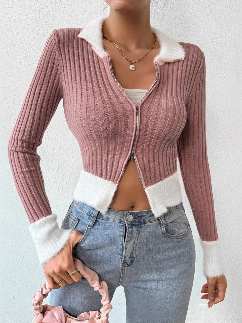 Zip-Front Tailored Knit Cardigan