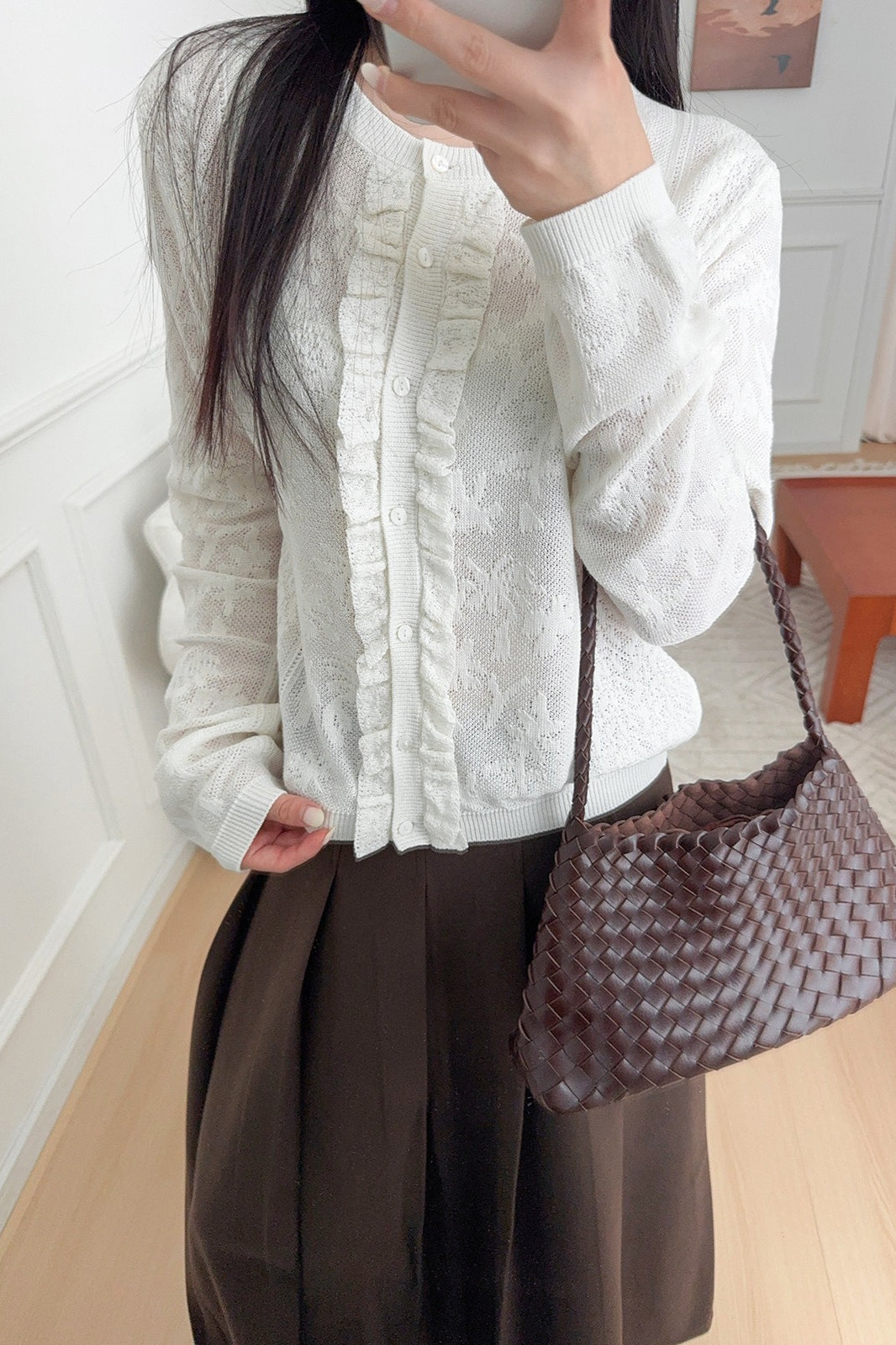 Gentle Stand-Collar Lace Cutout Cardigan