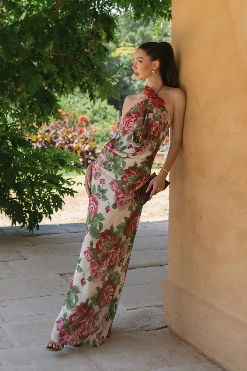 Rose Halter Shoulder Floral Dress