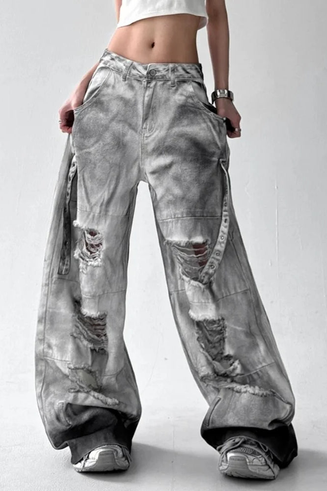 Washed Ripped Wide Leg Jean